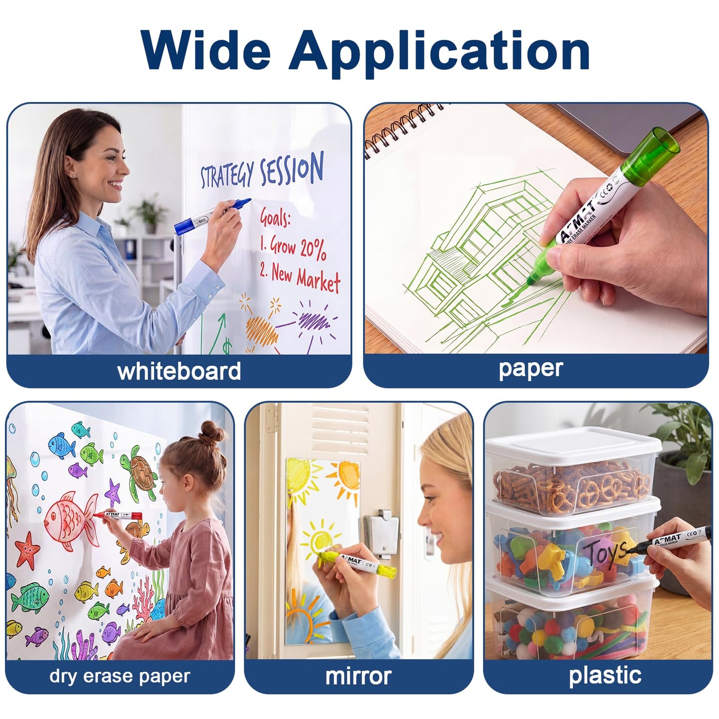 AFMAT Dry Erase Markers, Liquid Bullet Tip Whiteboard Markers with Visible Ink Window, Low Odor & Non-Toxic, 3X Large Capacity, No Residue for White Board, Classroom, Office, Home, Bright Blue,12 Pack,DB10Y6