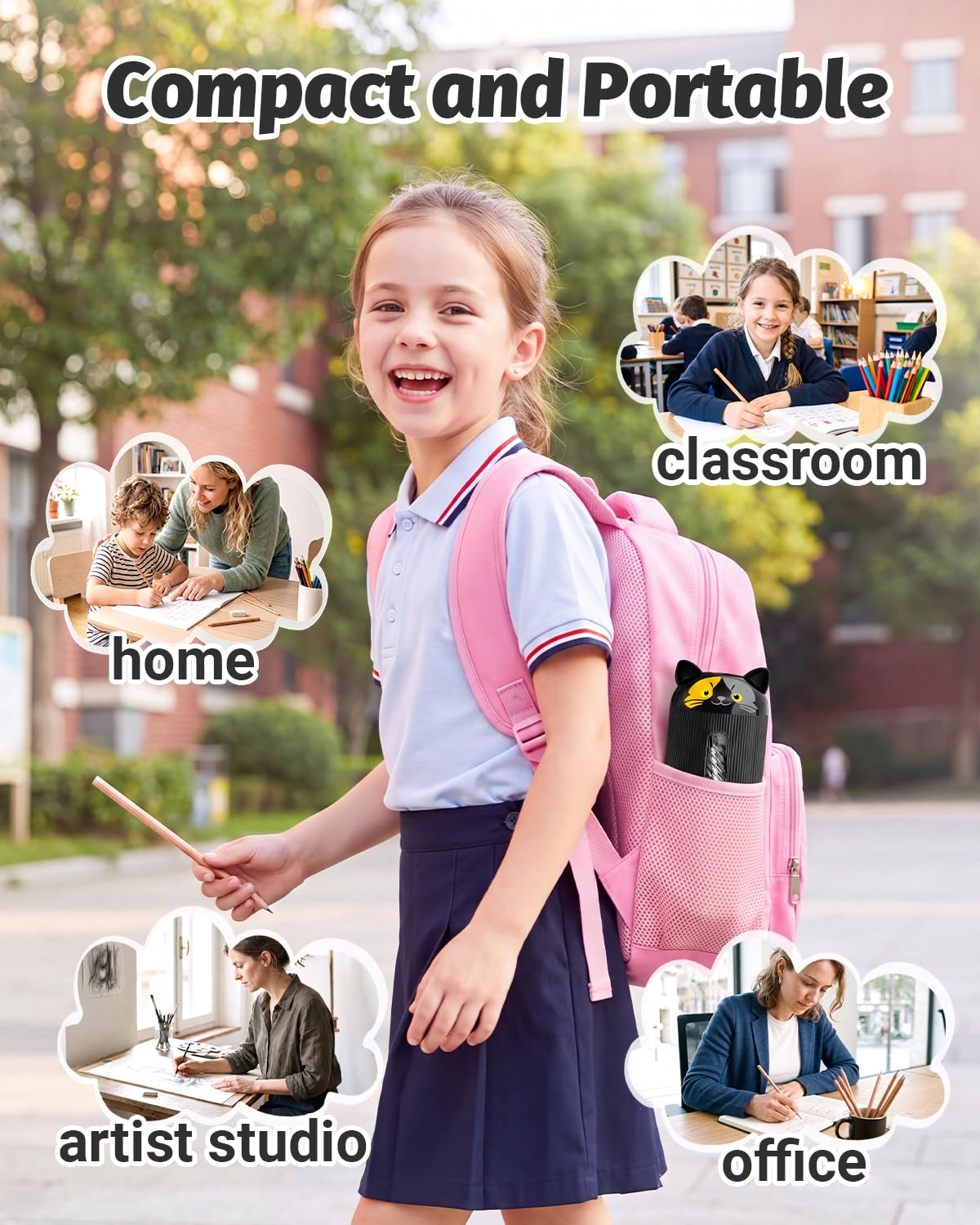 AFMAT Electric Pencil Sharpener, Fully Automatic, for 6.5-12mm Pencils Rechargeable & Cordless, Auto in & Out, 5 Nibs, 7K+ Uses, Replaceable Blade, Cute Sharpener for Classroom/Home/Office, PSJ5BK