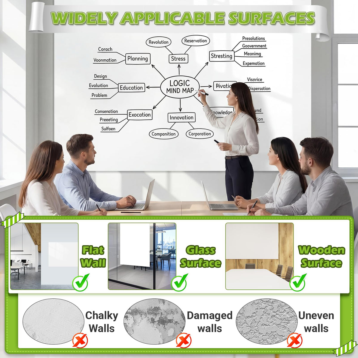 4x8ft White Board Paper Whiteboard Sticker for Wall, Super Sticky Dry Erase Wallpaper with 20 Markers, No Ghosting Whiteboard Paper for Home Office Classroom,WS48C