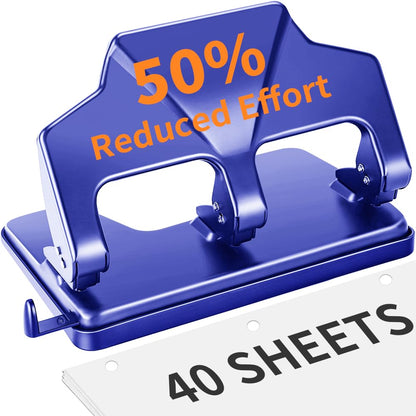 AFMAT HP14 3 Hole Punch Heavy Duty, 40-Sheet Three Hole Punch, 50% Reduced Effort Metal Paper Puncher w/Large Chip Tray,Blue