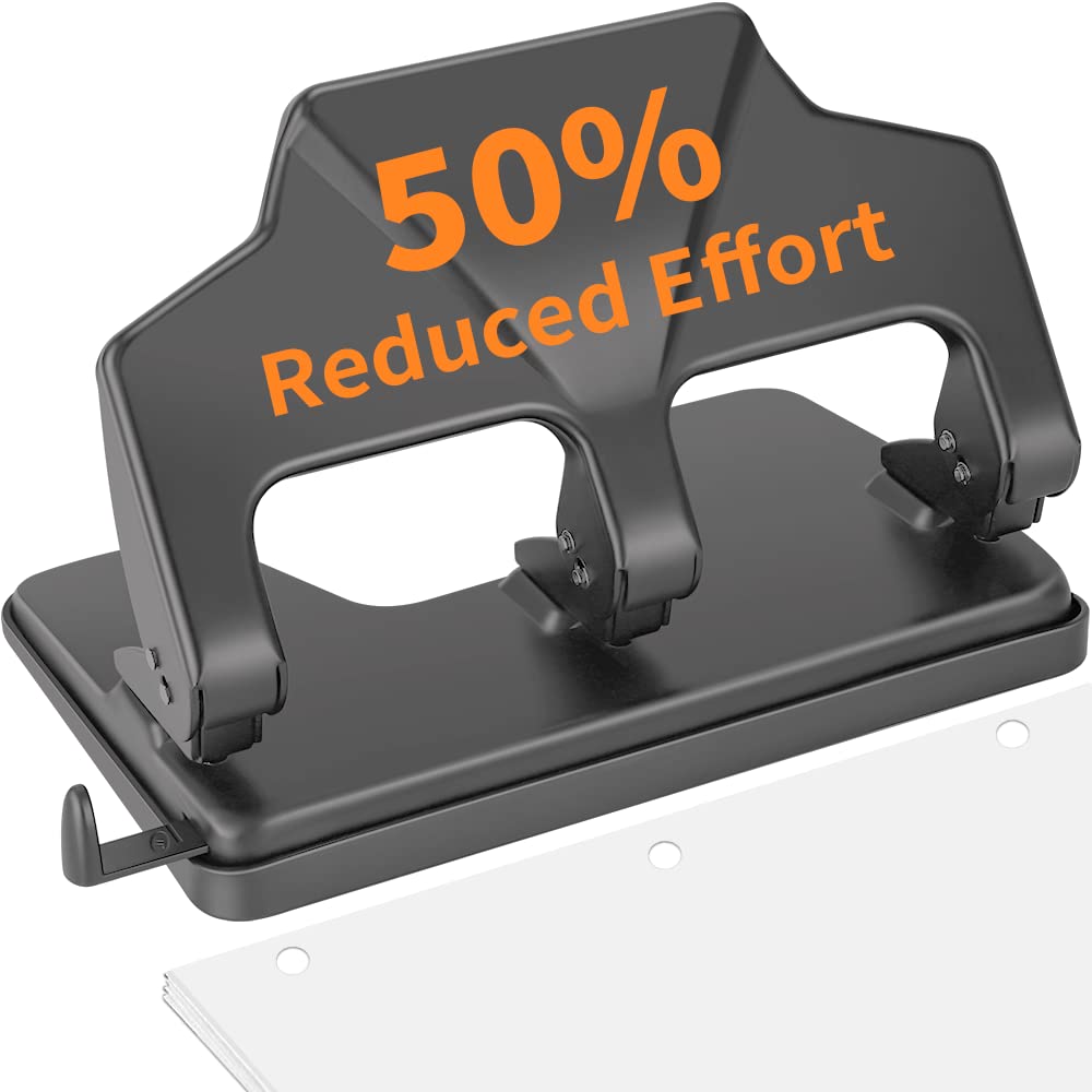 AFMAT 3-Loch-Stanzer, robust, 40-Blatt-Dreilocher, 50 % weniger Kraftaufwand, Metall-Papierstanzer mit großem Chipfach, Modell: HP16 (Grau)