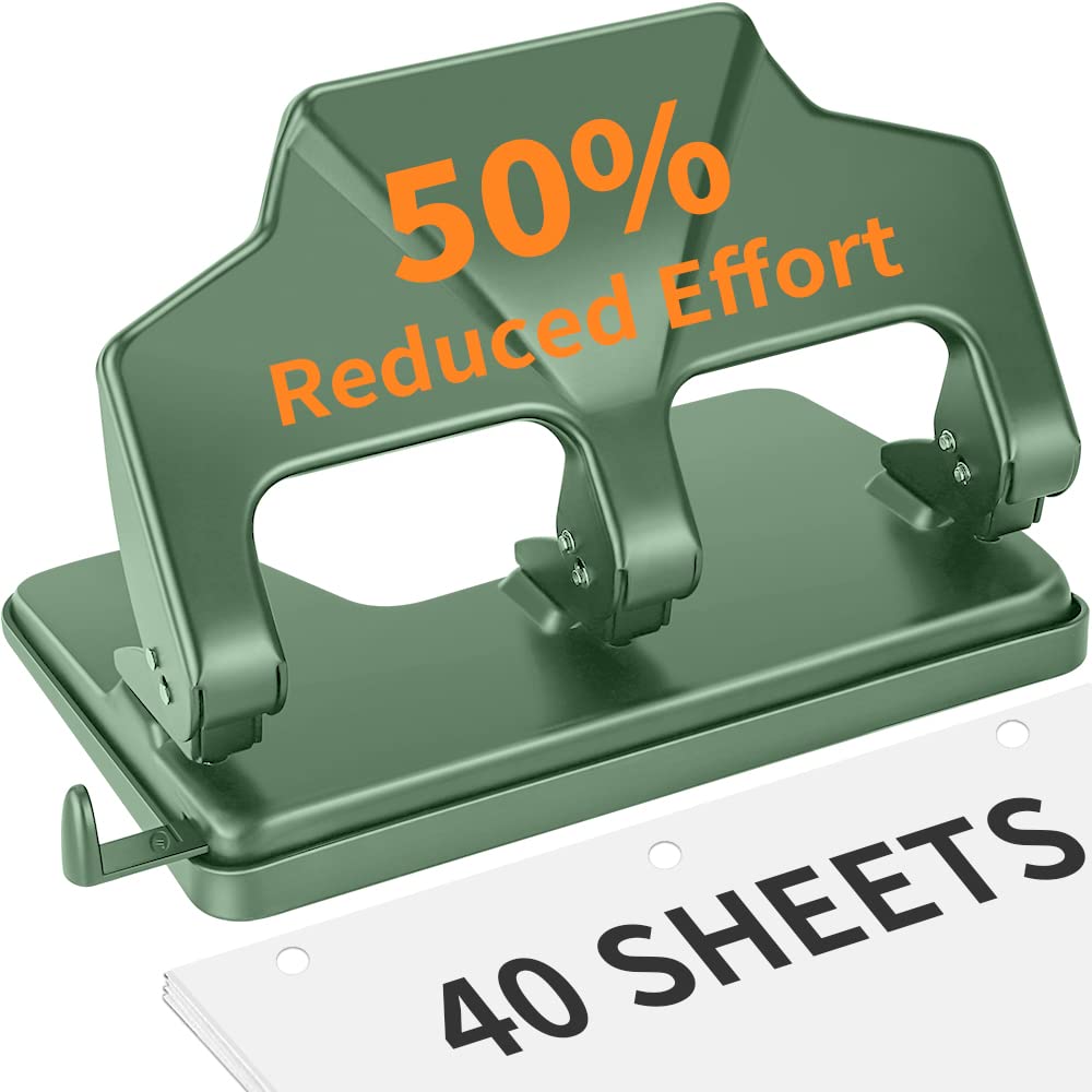 AFMAT 3-Loch-Stanzer, robust, 40-Blatt-Dreilocher, 50 % weniger Kraftaufwand, Metall-Papierstanzer mit großem Chipfach, Modell: HP17 (Grün)