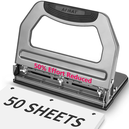 AFMAT HP18 Heavy Duty 3 Hole Punch, 50-Sheet, 50% Reduced Effort, Adjustable Two & Three Hole Punch,Black