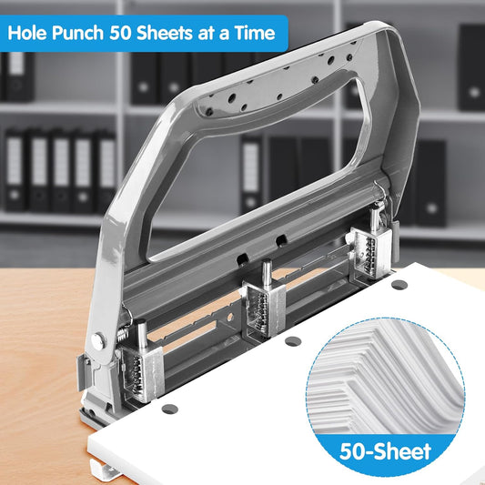 AFMAT HP18 Heavy Duty 3 Hole Punch, 50-Sheet, 50% Reduced Effort, Adjustable Two & Three Hole Punch,Grey