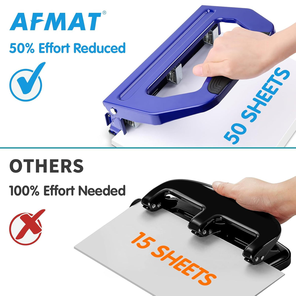 AFMAT Hochleistungs-3-Loch-Locher, 50 Blatt, 50 % weniger Kraftaufwand, verstellbarer Zwei- und Dreiloch-Locher, Modell: HP18 (Schwarz)