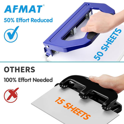 AFMAT HP18 Heavy Duty 3 Hole Punch, 50-Sheet, 50% Reduced Effort, Adjustable Two & Three Hole Punch,Black