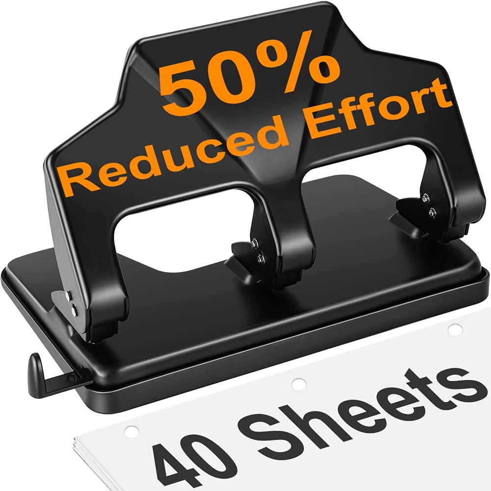 AFMAT HP14 3 Hole Punch Heavy Duty, 40-Sheet Three Hole Punch, 50% Reduced Effort Metal Paper Puncher w/Large Chip Tray,Blue