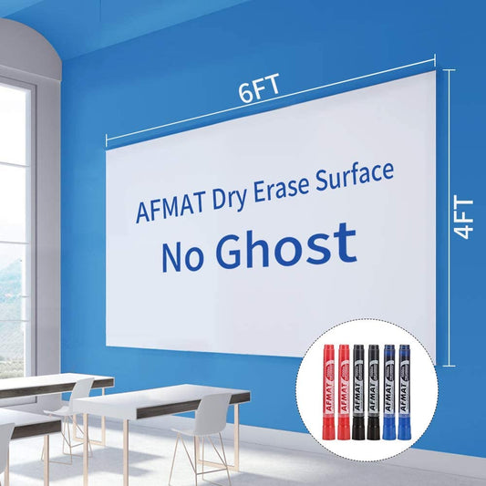 AFMAT D02 Dry Erase Whiteboard Paper, Large White Board Stickers for Wall, 6x4ft Dry Erase Paper Roll with Adhesive Backing, Perfect Replacement for White Board, No Ghost After 60 Days, 6 Much Better Markers
