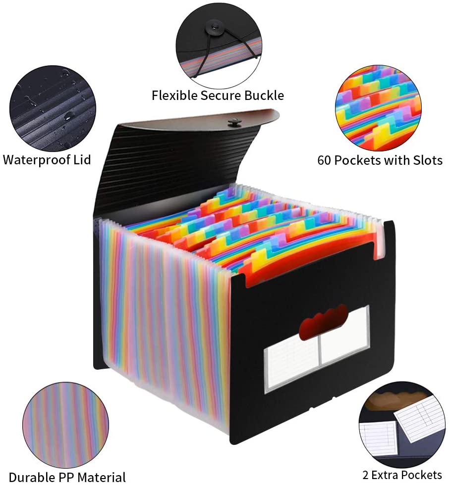 AFMAT AF01 Accordian File Organizer, 60 Pockets Large Expanding File Folder Organizer with Blank Labels, Letter/A4 Size Accordion Files Organizers Expandable for Receipt, Bill, Tax, Legal
