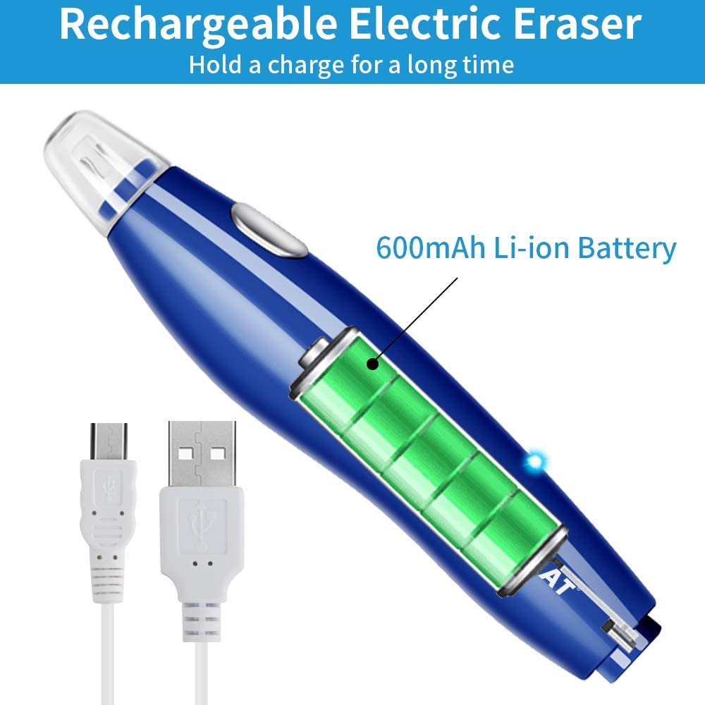 Elektrischer Radiergummi, wiederaufladbar, mit 140 Radiergummi-Nachfüllungen, Modell: EE15 (blau)