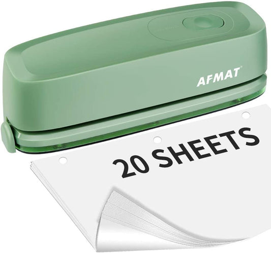 AFMAT HP10 3 Hole Punch, AFMAT Electric Three Hole Punch Heavy Duty, 20-Sheet Punch Capacity,Green